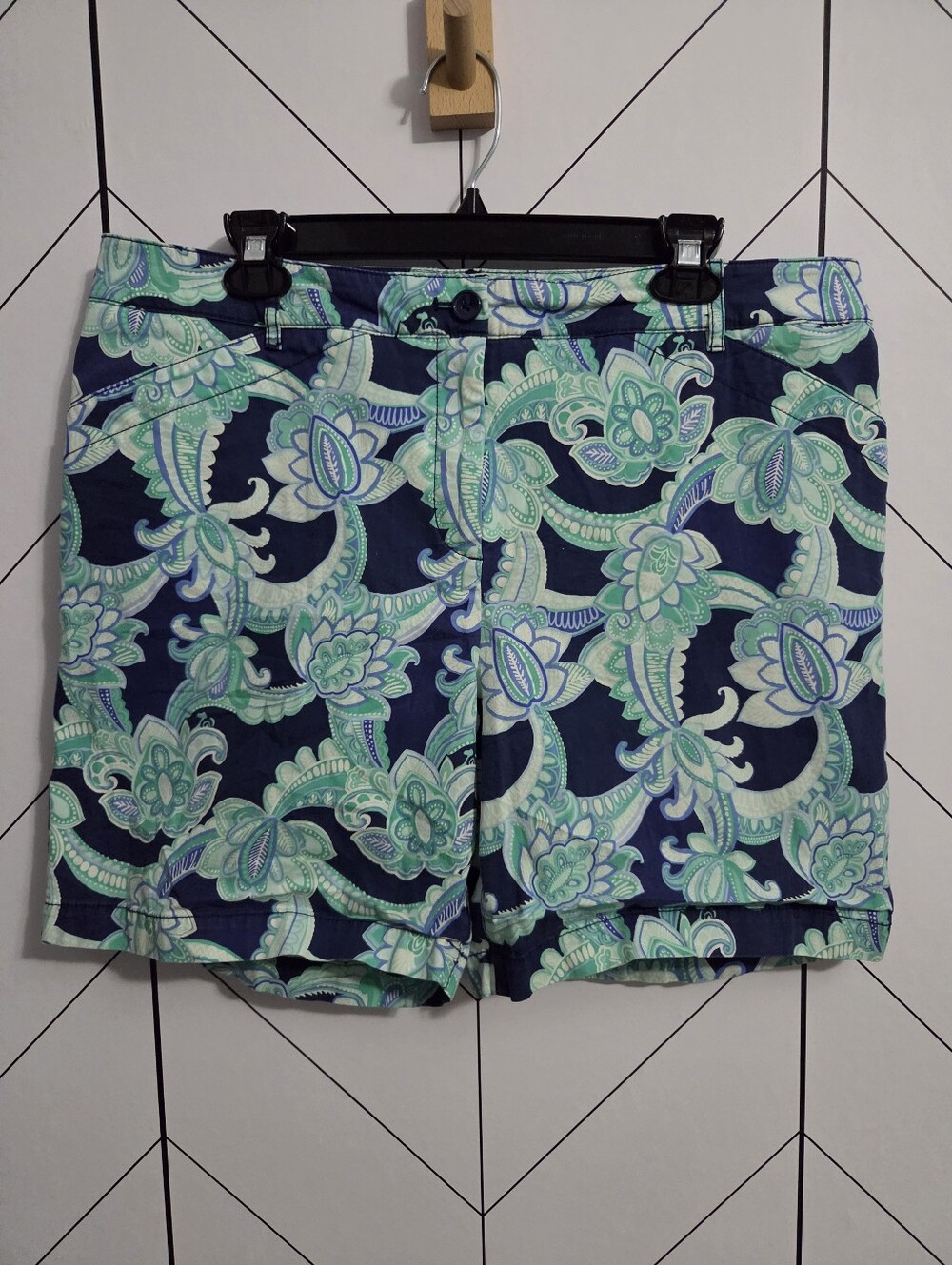 Talbots Paisley Chino Shorts Navy Mint White Coastal Preppy Chic, Size 16